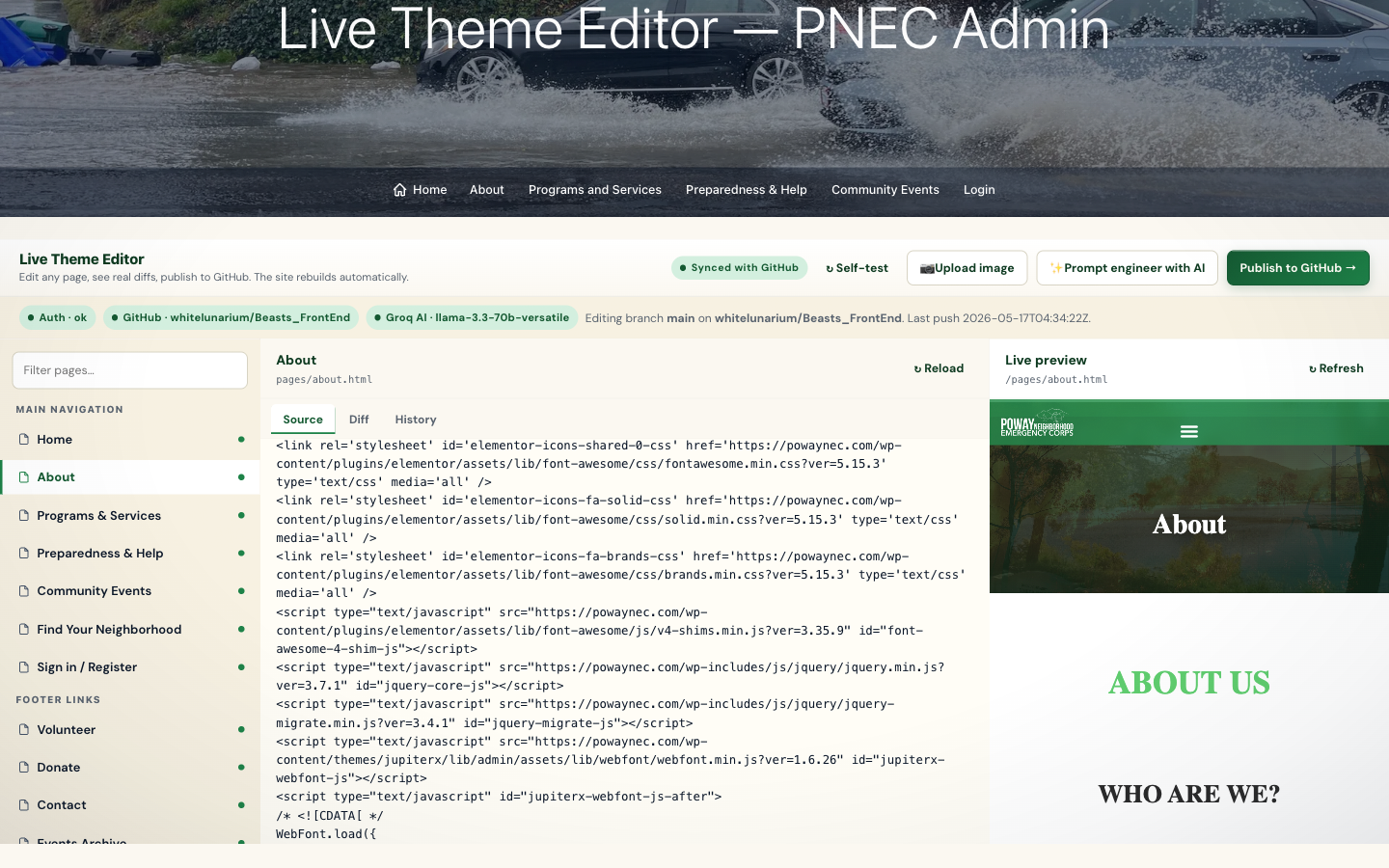 The live theme editor volunteers use to update the site